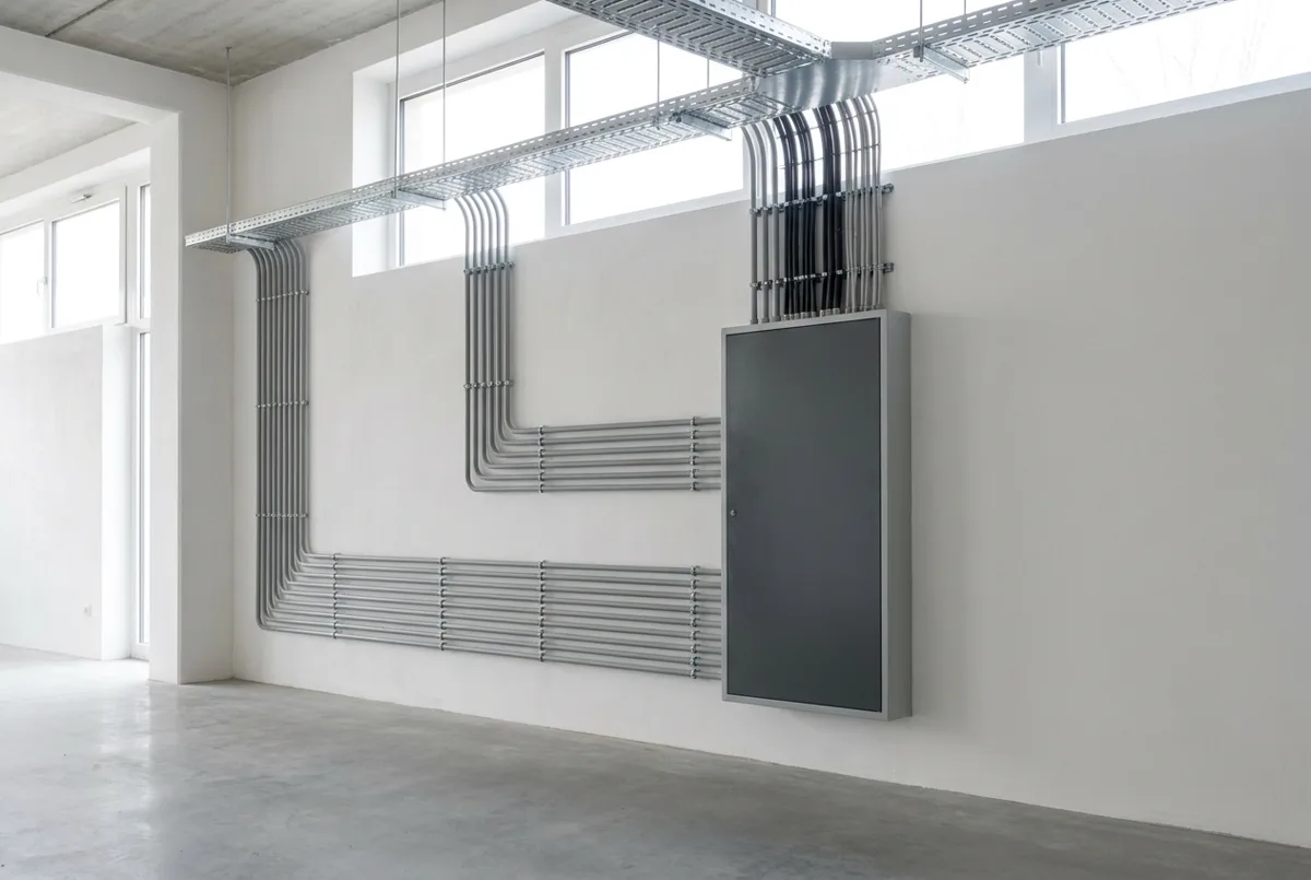 Fertige, sauber verlegte Elektroinstallation im Gewerbeobjekt